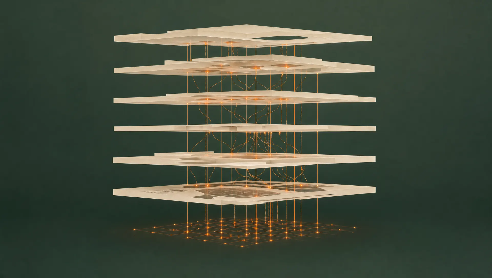 Ilustração abstrata de camadas estruturais em tom paper conectadas por linhas de luz laranja que convergem para uma malha ordenada, sobre fundo verde profundo